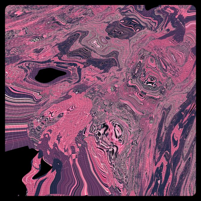 An abstract digital artwork with swirling, marbled patterns in shades of pink, purple, and white, featuring a mesh wireframe overlay and black voids.
