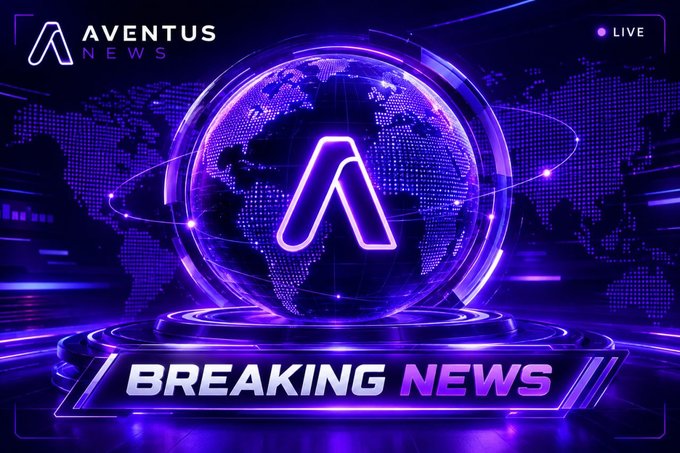 A futuristic purple news graphic for 'AVENTUS NEWS' displaying 'BREAKING NEWS' with a glowing 'A' logo over a digital globe and a LIVE indicator.