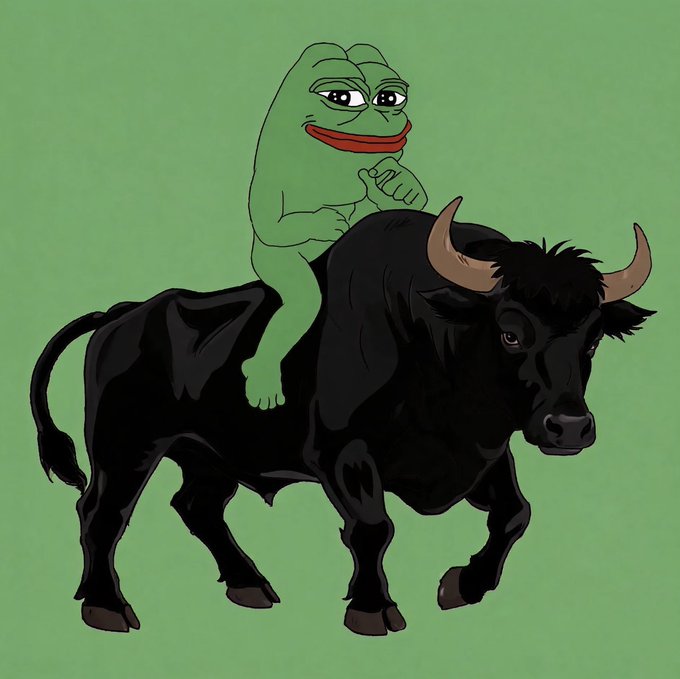 A cartoon illustration of a smug-looking Pepe the Frog riding on the back of a black bull against a light green background.