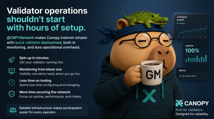 An advertisement for Canopy featuring a cartoon hippo with a crocodile on its head holding a 'GM' mug, promoting validator operations with statistics like 'Uptime 100%' and 'No active alerts'.