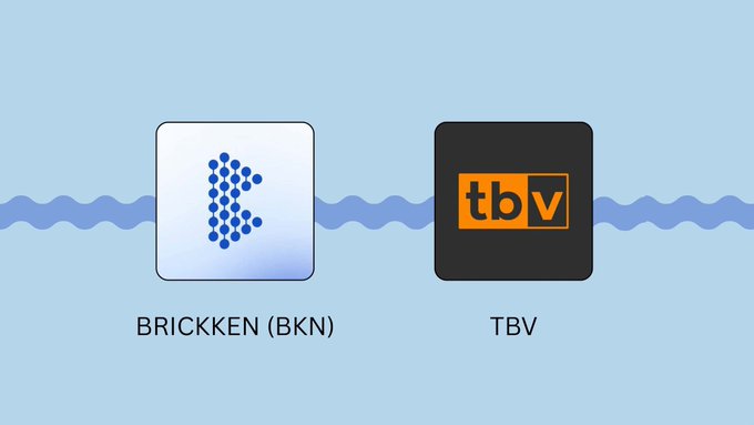 The image shows logos for "BRICKKEN (BKN)" and "TBV" connected by a wavy line, illustrating a token bridge that links the Brickken platform—highlighted in the accompanying post as a unified infrastructure for private market tokenization—with TBV, likely representing the destination network or partner chain enabling cross-chain interoperability for on-chain private market assets.
