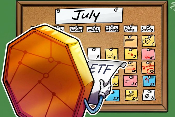 An orange Bitcoin "coin" with a white "ETF" tag sits atop a July calendar with a sticky note marking "Deadline 15," symbolizing the Bitcoin ETF funds' positive growth in July despite mid-month challenges.