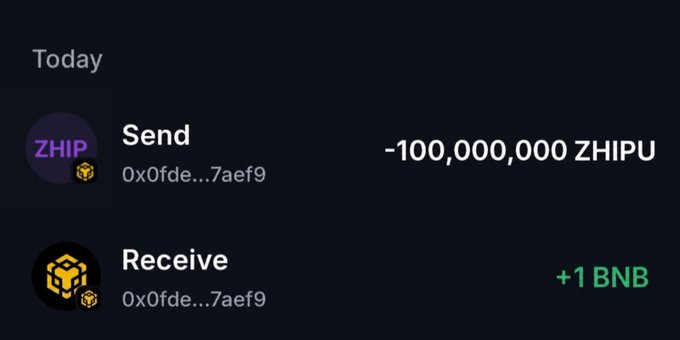 A dark-themed cryptocurrency wallet transaction screen showing a 'Send' of -100,000,000 ZHIPU and a 'Receive' of +1 BNB, both involving the address 0x0fde...7aef9.