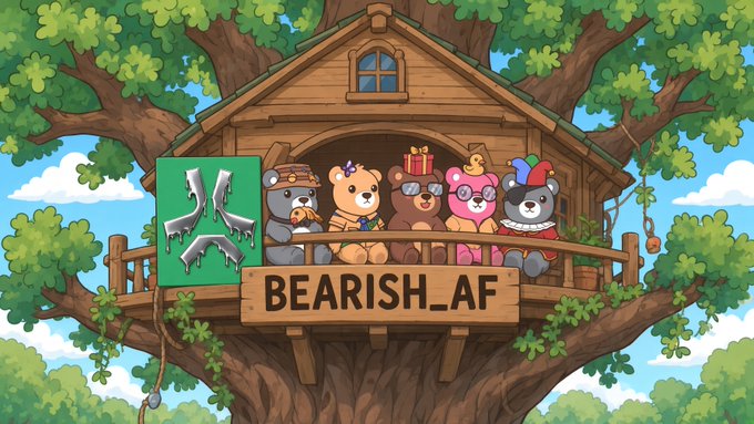 A cartoon illustration features five bears dressed in various costumes sitting on a treehouse balcony, with a wooden plaque reading 'BEARISH_AF' and a green banner depicting a jagged downward chart line.