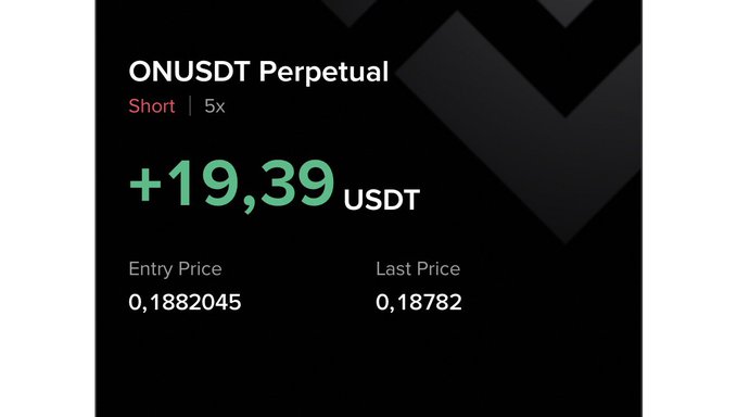 The image shows a trading position summary for ONUSDT Perpetual, displaying a profitable short position of +19.39 USDT with 5x leverage, an entry price of 0.1882045, and a last price of 0.18782. The downward price movement from entry to last price indicates the short trade was successful, providing positive P&L that likely helped offset losses mentioned in the accompanying "stoploss" post on #ON.