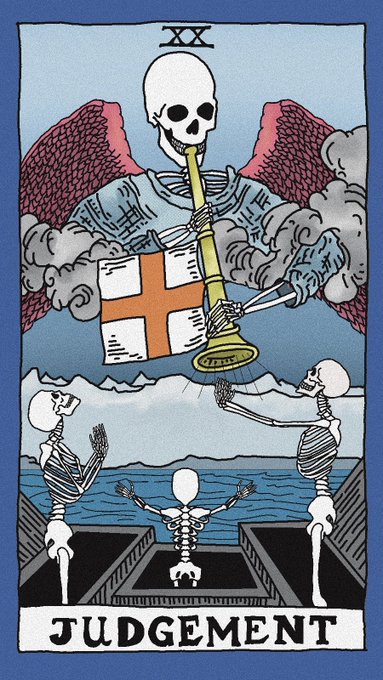 A tarot card labeled 'XX JUDGEMENT' depicts a skeleton with red angel wings blowing a golden trumpet above three skeletons emerging from coffins below.