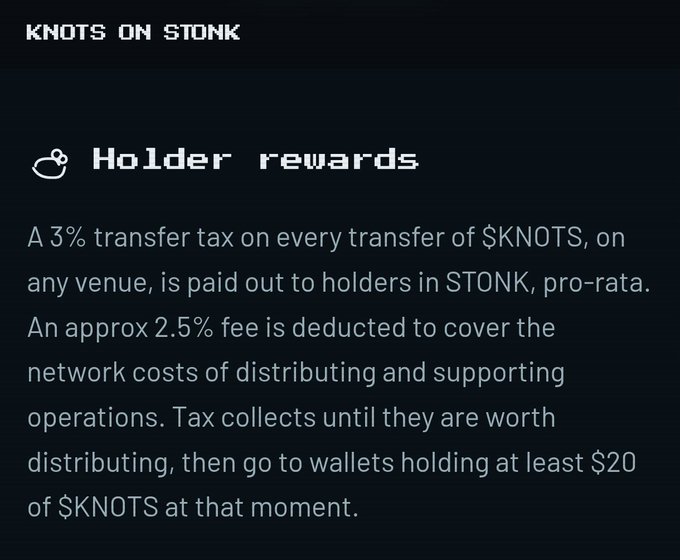 A dark informational graphic titled 'KNOTS ON STONK' with a 'Holder rewards' section explaining a 3% transfer tax on $KNOTS paid out to holders in $STONK, with approximately 2.5% deducted for network costs.