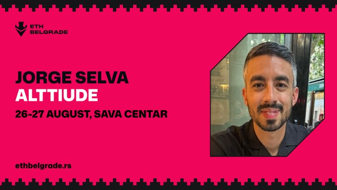 A promotional graphic for ETH Belgrade features Jorge Selva / Altitude at Sava Centar on 26-27 August, with a photo of a smiling man on a red background.