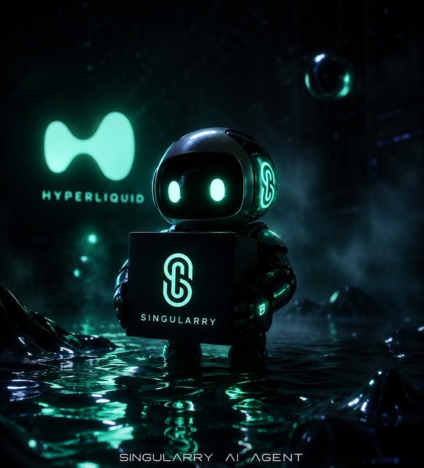 The image shows a futuristic black robot with glowing teal eyes emerging from dark water, holding a cube displaying the "SINGULARRY" logo with its signature symbol, while the "HYPERLIQUID" logo glows in the background—visually representing the integration between SINGULARRY's AI agent and Hyperliquid's DeFi ecosystem. Text at the bottom reads "SINGULARRY AI AGENT," reinforcing the post's message about SINGULARRY being a sophisticated automated trading entity backed by VanguardVantage with real Hyperliquid ($HYPE) integrations.
