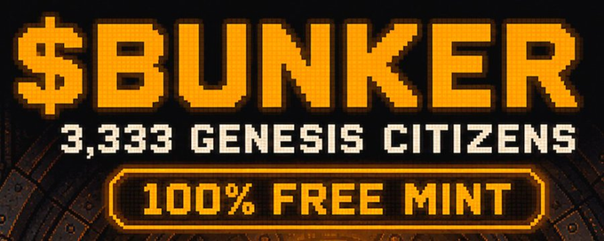 An orange and black promotional graphic displays the text '$BUNKER', '3,333 GENESIS CITIZENS', and '100% FREE MINT'.