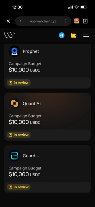 The image shows a phone screen with three different app icons displayed, including one for @wallchain. The first icon is a blue circle with a white dot inside, representing an app called "@wallchain". The second icon is a yellow circle with a black dot in the center, which appears to be a review or rating system for apps on the wallchain platform. The third icon is a green circle with a white dot in the middle, possibly indicating that it's a new campaign or feature being launched by @wallchain. 

The image also contains text that reads "New campaign on @wallchain I just applied for all 3 and in review Over 1000 applications already Go on the website and apply guys Goodluck to us all". This message suggests that there is an ongoing review process, with a focus on the new campaign being launched by @wallchain.