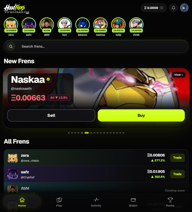 A cryptocurrency trading platform called "Hood Frens is Coming" displays meme coin tokens including zera, safz, abhi, kov, beacon, naskaa, tulip, and vivek, with Naskaa featured prominently showing a 15.8% increase at 0.00663.