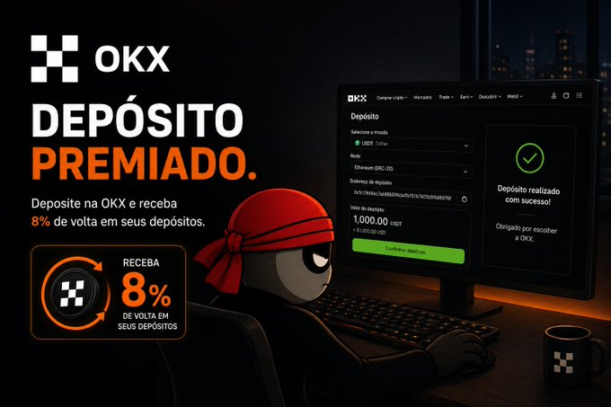 OKX promotional banner in Portuguese offering an 8% cashback reward ('DEPÓSITO PREMIADO') on deposits, featuring a cartoon ninja character at a computer.