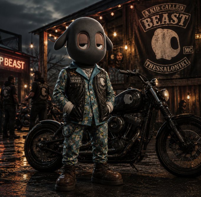 A stylized cartoon character with a black mask-like head stands in front of a motorcycle at night, with a banner reading 'A KID CALLED BEAST MC THESSALONIKI' and other bikers in the background.
