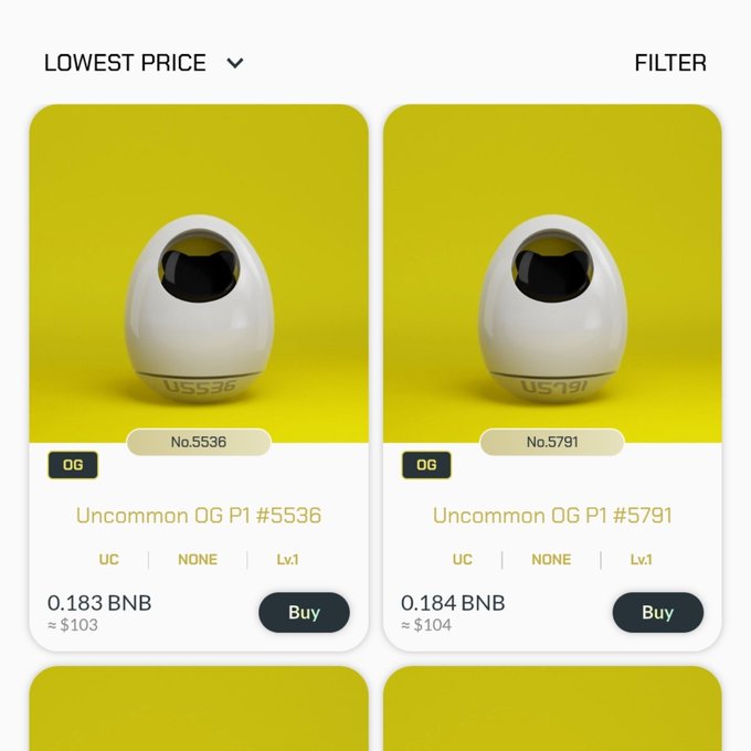 An NFT marketplace displaying two Uncommon OG P1 items (#5536 and #5791) available for purchase at 0.183 BNB and 0.184 BNB respectively, sorted by lowest price.