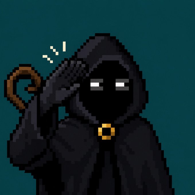 A pixel-art Grim Reaper covers its face with one hand, appearing stressed or contemplative, against a dark teal background. The imagery reflects the post's theme of finding crypto trading increasingly stressful and time-consuming, with the hooded figure symbolizing the weariness of chasing gains after the "fun and exciting" boom years of 2021–2022.