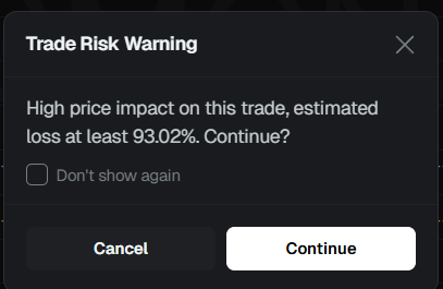 A "Trade Risk Warning" popup displays a high price impact alert, estimating a loss of at least 93.02% on the trade, with options to "Cancel" or "Continue." This relates to the post's claim of being unable to sell a lowcap token purchased on a launchpad, as the extreme price impact illustrates how pulling liquidity makes exiting the position nearly impossible without massive losses.