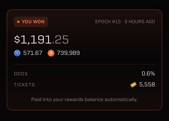 A digital 'YOU WON' notification showing a prize of $1,191.25 from Epoch #15, with 571.67 ETH and 739,989 tickets, and 0.6% odds.