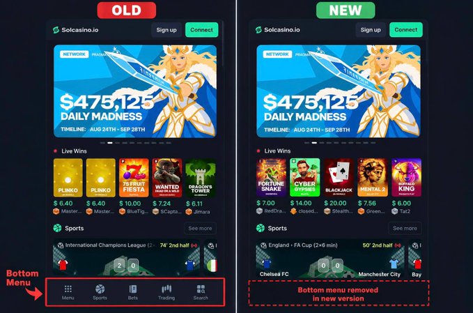 The image shows a "before" and "after" comparison of the Solcasino.io app, where the "NEW" version has removed the bottom menu, making navigation and features harder to access.