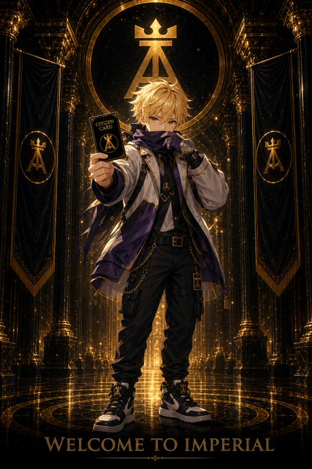 Anime-style illustration of a blonde character holding a 'CITIZEN OF IMPERIAL' card, with text reading 'WELCOME TO IMPERIAL' at the bottom.