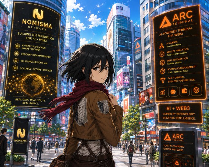 The image features a woman with long hair, dressed in brown clothing, standing in front of two signs that say "Nomisma Network" and "Arc Terminal". She appears to be walking down a street or through an urban setting.