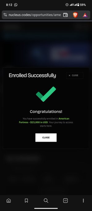 A mobile screenshot from nucleus.codes/opportunities/ame showing an "Enrolled Successfully" confirmation for the American Fortress program with $15,000 in USD.