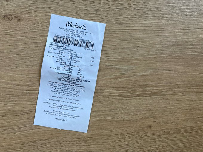 A receipt from Michaels Stores #3650 in King of Prussia, PA for a yarn buy, showing a total of $26.00 and member savings details.