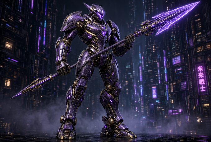 A purple and gold armored warrior wielding a glowing purple spear in a cyberpunk cityscape, with Japanese text '未来戦士' (Future Warrior) visible on a neon sign.