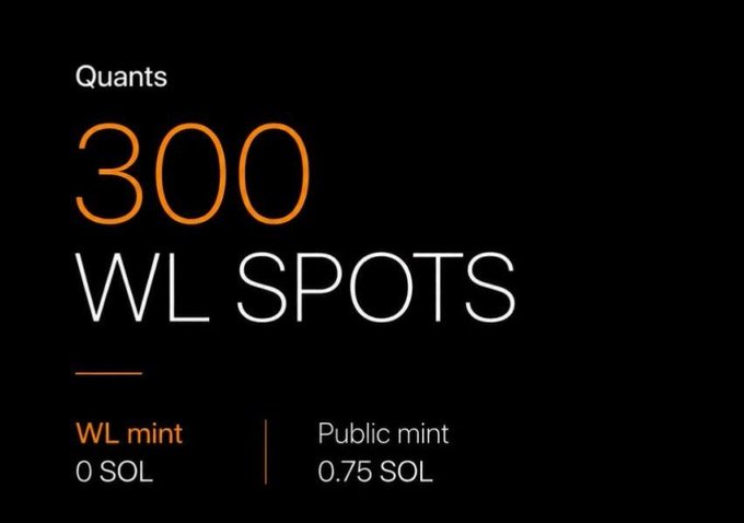 A promotional graphic with an orange and white color scheme on a black background displays "Quants 300 WL SPOTS," alongside pricing details showing "WL mint 0 SOL" and "Public mint 0.75 SOL." The image directly supports the accompanying post by visually highlighting the limited 300 whitelist opportunities for the @tryquantio Quant AI Creator Campaign, distinguishing the free WL mint from the 0.75 SOL public mint.