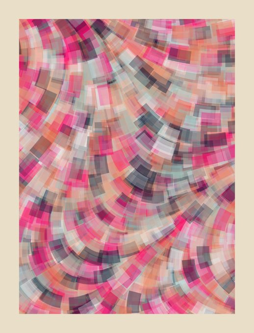 An abstract digital artwork features concentric, swirling patterns made of small, rectangular blocks in shades of pink, purple, white, and grey.