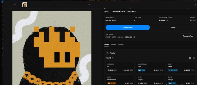 An NFT marketplace listing for a pixel-art ape with a gold chain, titled 'TRUTHY - WODEWOOD CHAIN - TOKEN #1003', priced at 0.0164 WETH.