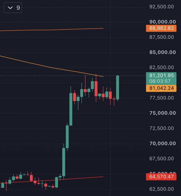 A financial candlestick chart on a dark background showing price levels at 88,982.82, 81,201.95 at 08:03:57, 81,042.24, and 64,570.47, indicating an upward trend.