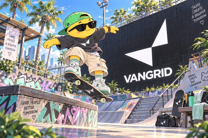 An AI-generated illustration shows a yellow cartoon character in a green cap performing a skateboard trick at a skate park, with 'VANGRID' displayed prominently on a black wall.