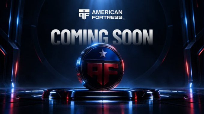 A promotional graphic displaying 'COMING SOON' beneath the 'AMERICAN FORTRESS' logo, featuring a metallic AF emblem in a sci-fi styled setting.