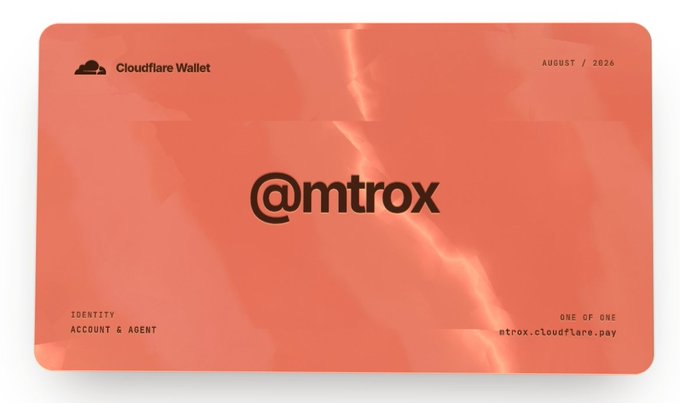 A coral-orange digital "Cloudflare Wallet" ID card displays the reserved handle "@mtrox" along with "AUGUST / 2026," "IDENTITY: ACCOUNT & AGENT," "ONE OF ONE," and the URL "mtrox.cloudflare.pay," visually confirming the user's claim of having secured this unique Cloudflare wallet tag.