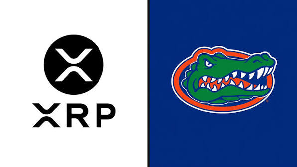 Side-by-side logos of XRP cryptocurrency and the Florida Gators alligator logo.