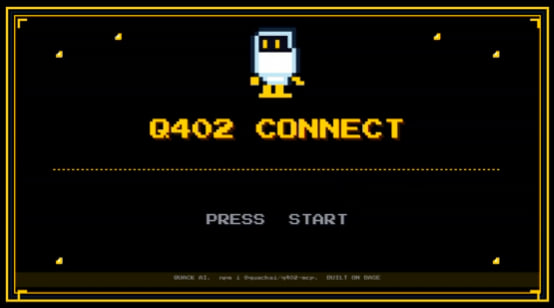 A retro 8-bit video game title screen displays 'Q402 CONNECT' with a pixelated robot mascot and 'PRESS START' prompt.