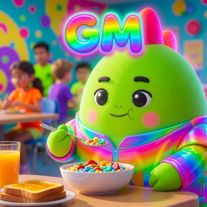 A vibrant 3D illustration features a green dinosaur-like character wearing a rainbow hoodie eating colorful cereal, with 'GM' in glowing rainbow neon letters above.