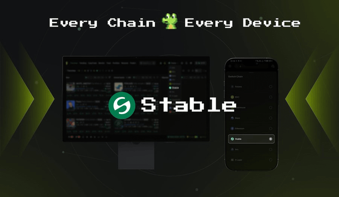 A promotional graphic features a desktop monitor and smartphone displaying the "Stable" platform's interface, with a green logo and the tagline "Every Chain, Every Device" highlighted at the top against a dark, tech-themed background. The image visually represents the post's message about Stable being an emerging ecosystem focused on stablecoins, showcasing its cross-device accessibility for onchain finance.
