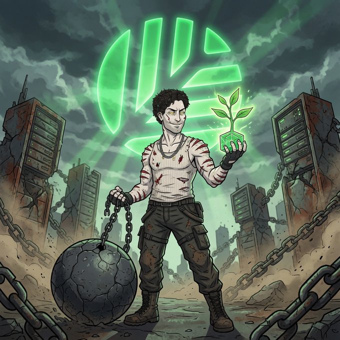 An illustration of a man with bandages holding a chain attached to a wrecking ball and a small plant in a cube, set against a backdrop of servers, chains, and a glowing green logo.