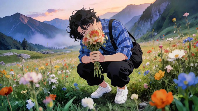 The image features a man kneeling down in a field of flowers with his hands on his face while holding a bouquet of flowers. The background shows mountains, suggesting that they are in a mountainous region or at least near one. There is also text in the image that reads "Focus on what is in the image and how it relates to the post". This could be an advertisement for a product or service related to the man's current situation with his flowers.