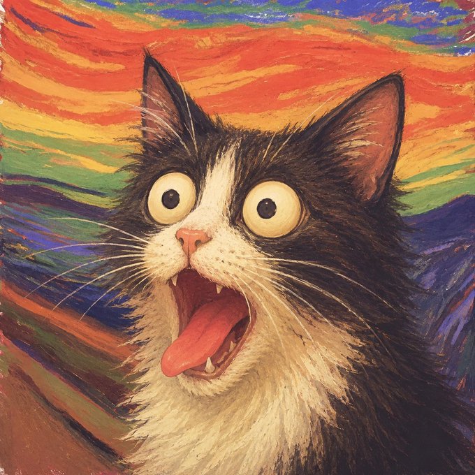 A painted portrait of a startled black-and-white cat with wide yellow eyes and an open mouth showing its tongue, set against a vibrant, multicolored striped background reminiscent of Edvard Munch's 'The Scream.'