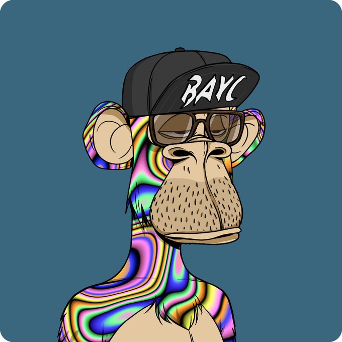 A colorful cartoon Bored Ape-style NFT character wearing a black "BAYC" cap and sunglasses, with vibrant rainbow swirls on its fur against a blue background.