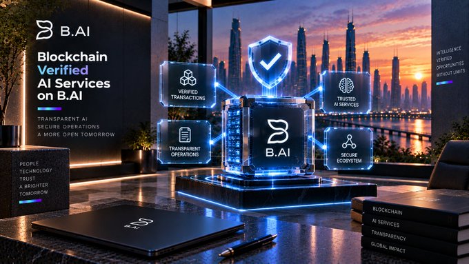 Futuristic cityscape advertisement for 'B.AI' promoting 'Blockchain Verified AI Services on B.AI' with features like 'VERIFIED TRANSACTIONS' and 'TRUSTED AI SERVICES'.