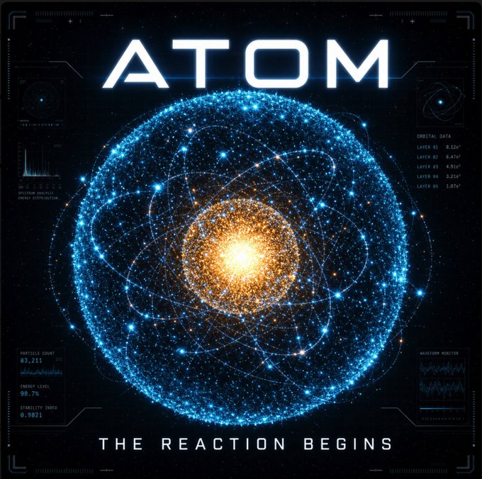 A digital artwork depicts an atom with a glowing core and orbiting particles, labeled 'ATOM' at the top and 'THE REACTION BEGINS' at the bottom.