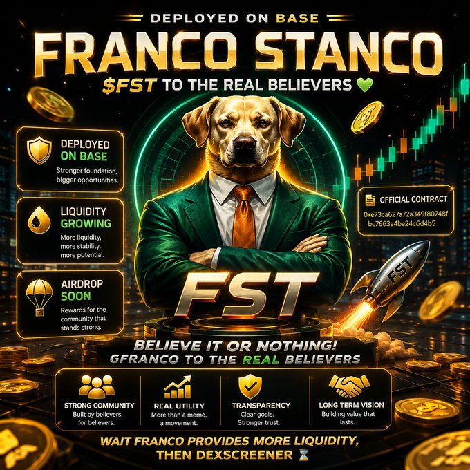 The image shows a dog wearing a suit, standing next to a rocket with a big number "7" written on it. The background features various cryptocurrency elements such as coins and market graphs. In the center of the image, there's text that reads "@FrancoStancoFst" which refers to @base, a person who is deploying on the base. The phrase "LIVE ON @base" indicates this is a live expansion announcement for @base. A post-it note suggests it is important to focus on this expansion phase and not get caught up in chasing trends in the cryptocurrency market like many others.