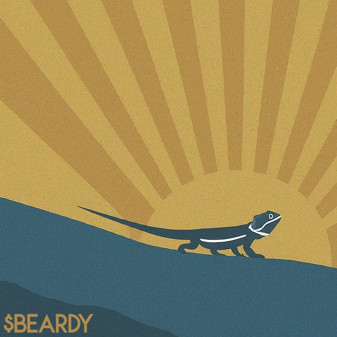 A stylized illustration of a dark blue lizard walking on a hillside with a golden sunburst background, featuring the text '$BEARDY' in the bottom left.