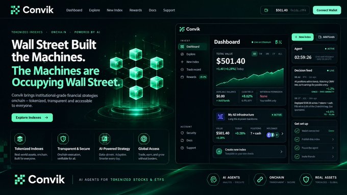 A website screenshot for 'Convik', an AI-powered tokenized indexing platform, with the headline 'Wall Street Built the Machines. The Machines are Occupying Wall Street.' and a dashboard showing a total value of $501.40.