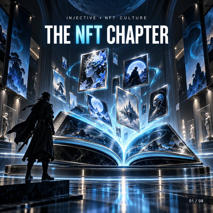 A digital artwork titled 'INJECTIVE · NFT CULTURE: THE NFT CHAPTER' featuring a cloaked figure standing before a glowing open book that releases floating NFT artworks into the air.