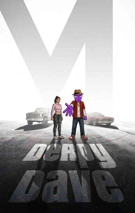 A movie poster for 'Derry Gang' showing two characters standing in front of cars, with one character having a purple face and wearing a cowboy hat.
